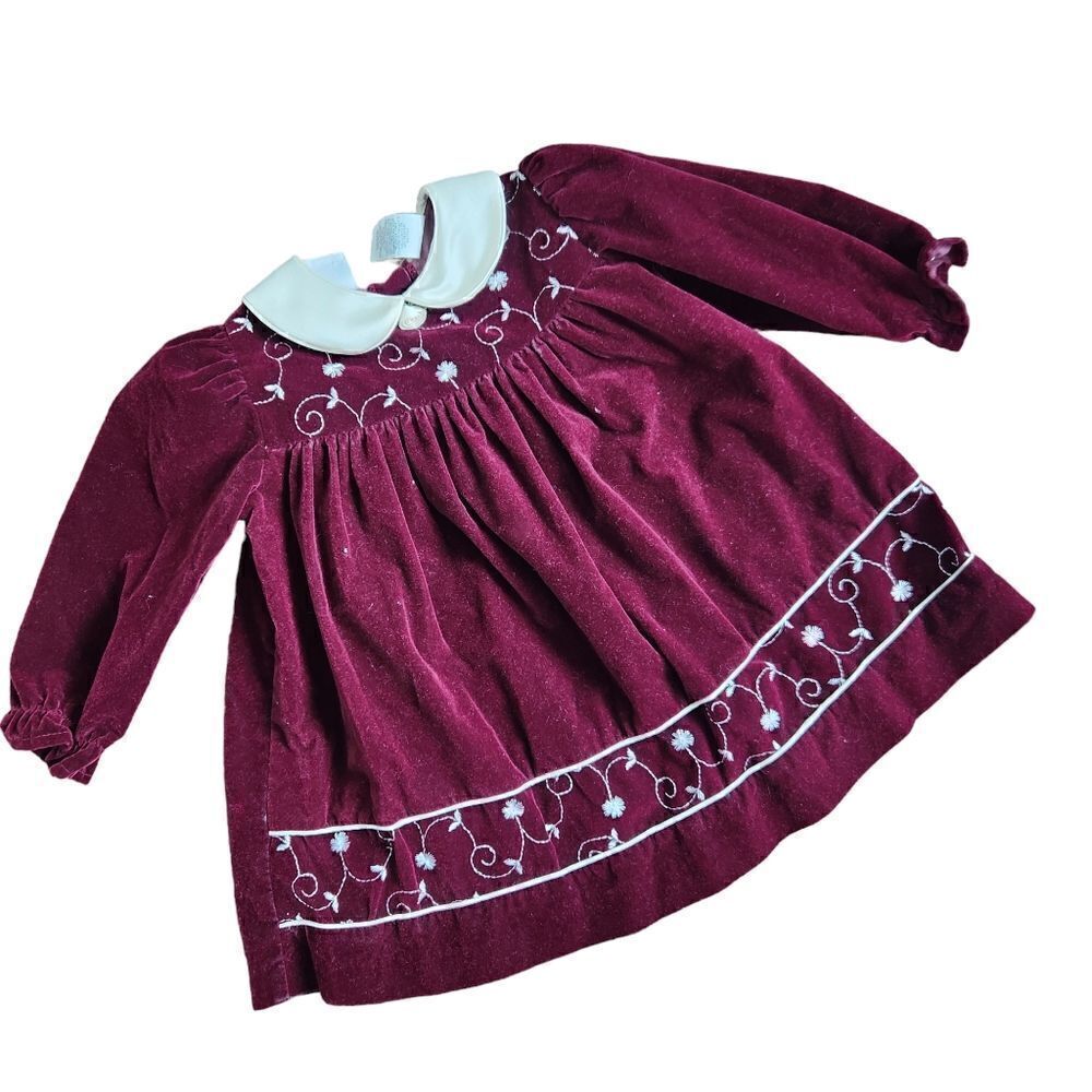 Vintage Rose Cottage 24M Dress Wine Velvet Ivory Collar Embroidered Long Sleeve